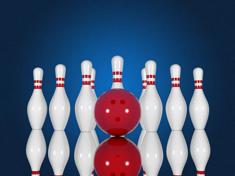 Bowling pins and ball on a blue background