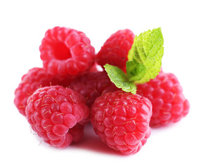 Ripe sweet raspberries isolated on white