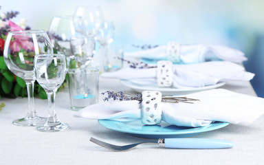Dining table setting with lavender flowers