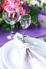Dining table setting with lavender flowers