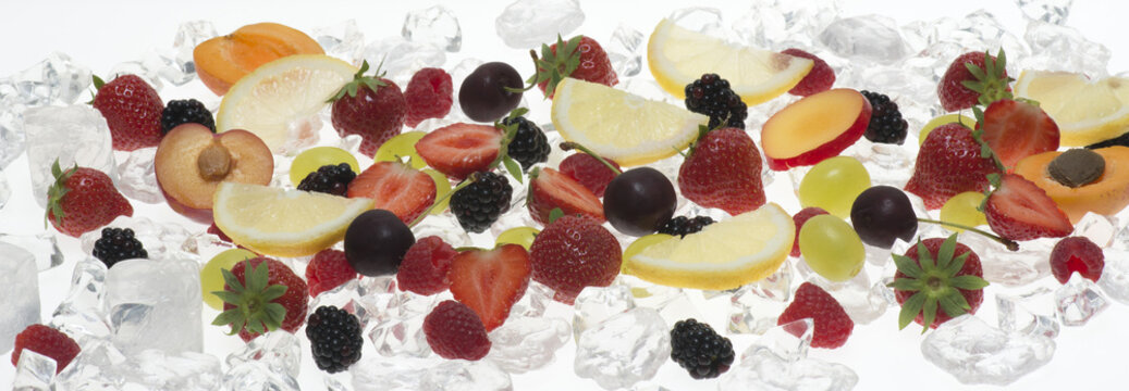 fruits with ice on white background