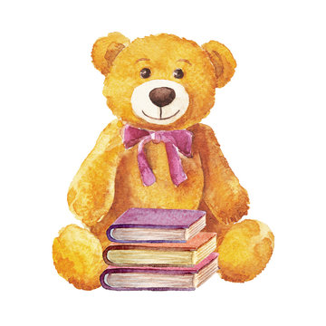 Bear with books. Back to school. watercolor painting