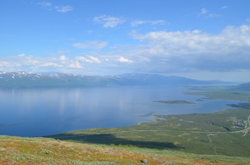 Fototapeta na wymiar View from mountain Nuolja on Abisko valley and Torneträsk lake