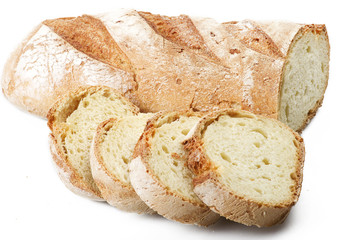 Homemade bread sliced close up on white