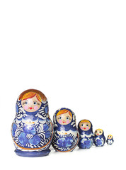 Blue Russian traditional wooden doll in line