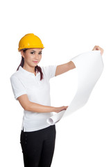 Asian engineer girl smile hold a blueprint
