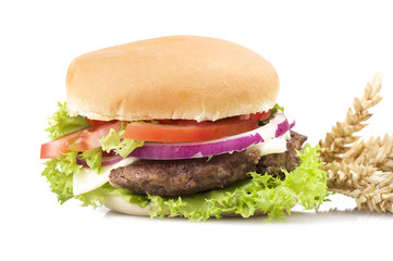 Sandwich big Hamburger close up on white
