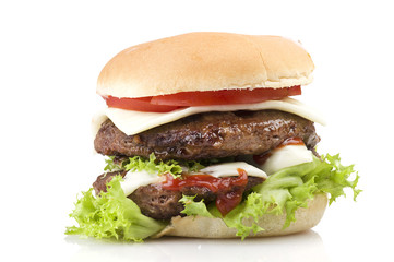 Sandwich big Hamburger close up on white