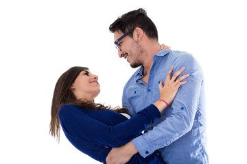 young attractive couple dressed in blue