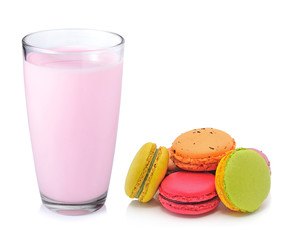 Strawberry milk and macaroon isolated on white background