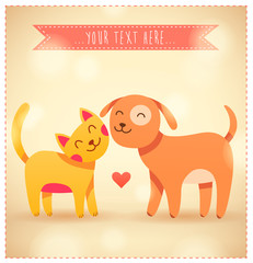 Colorful cartoon cat and dog with heart. Vector illustration