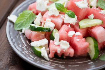 Close-up of watermelon, cucumber and feta cheese salad