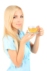 Young beautiful woman with cup of tea isolated on white