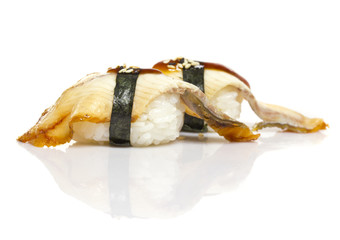 Eel sushi nigiri with shadow isolated on white background