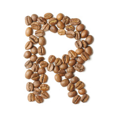 Letter R arranged from coffee beans isolated