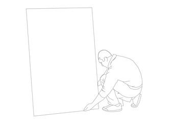 man lifting a large sheet of paper or cardboard