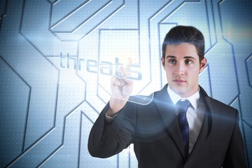 Businessman pointing to word threats