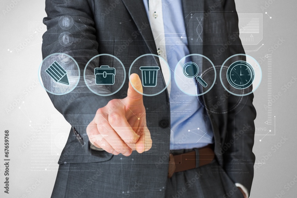 Poster composite image of businessman in grey suit pointing at menu