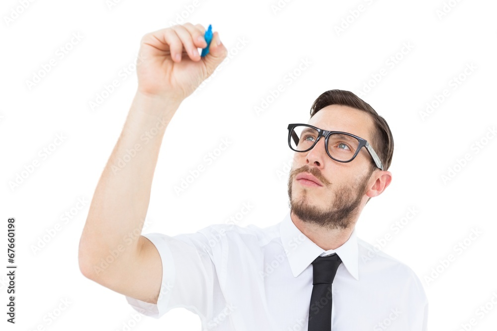 Poster geeky businessman writing with marker