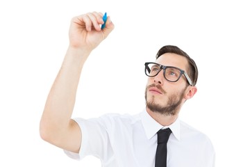 Geeky businessman writing with marker