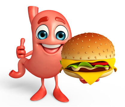 Cartoon Character of stomach with burger