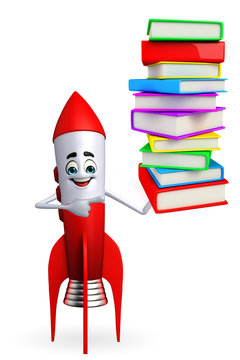 Rocket character with pile of books