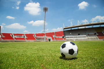 Soccer stadium and football in the goal