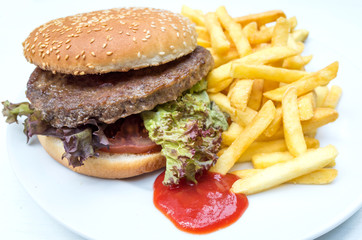 American cheese burger with Golden French fries