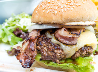 American cheese burger with Golden French fries