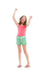 Obraz na płótnie Canvas Laughing girl with arms raised