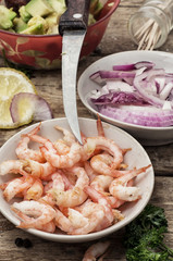 process of preparation of salad with prawns