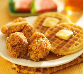 fried chicken and waffles with watermelon & sweet tea