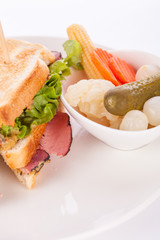 Delicious pastrami club sandwich and pickles