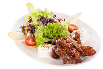 grilled beef stripes fresh salad and goat cheese