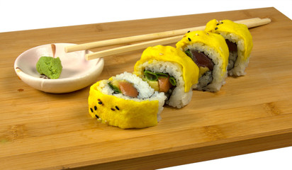 Sushi with tuna and scrambled eggs