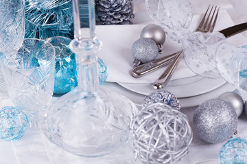 Stylish blue and silver Christmas table setting