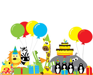 Obraz na płótnie Canvas animals with balloons and birthday cake - vectors