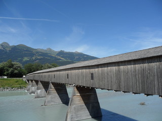 The old wooden bridge border Switzerland and Liechtenstein