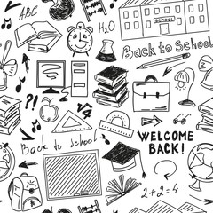 Seamless pattern freehand drawing of school supplies
