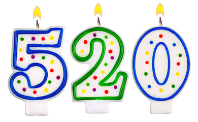 candles number five hundred twenty isolated on white background