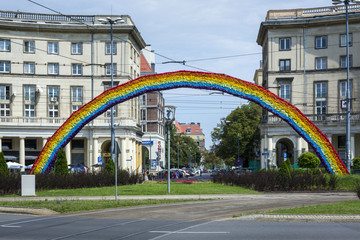 An artistic construction of rainbow on Savior Square in Warsaw