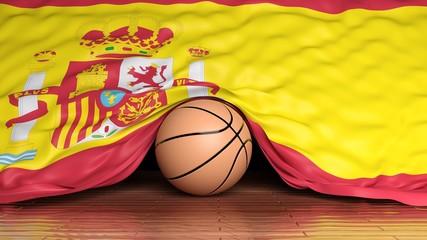 Basketball ball with flag of Spain on parquet floor