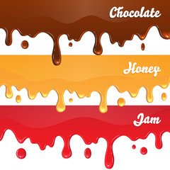Chocolate, honey, jam drips on white background