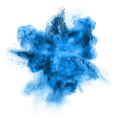 blue powder explosion isolated on white - obrazy, fototapety, plakaty