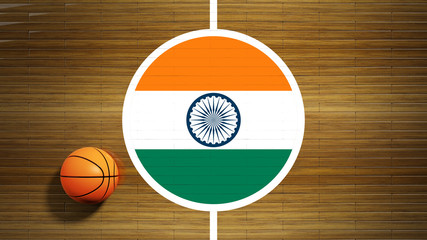 Basketball court parquet floor center with flag of India