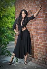 Naklejka premium Charming young brunette woman in black and high heels staying