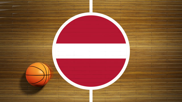 Basketball court parquet floor center with flag of Latvia