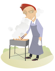 Comic men fry sausages and steaks on the grill