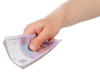 Ukrainian money in hand