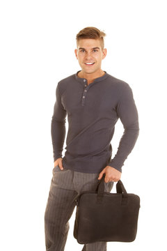 Man Gray Long Sleeve Shirt Stand Hold Bag Smile